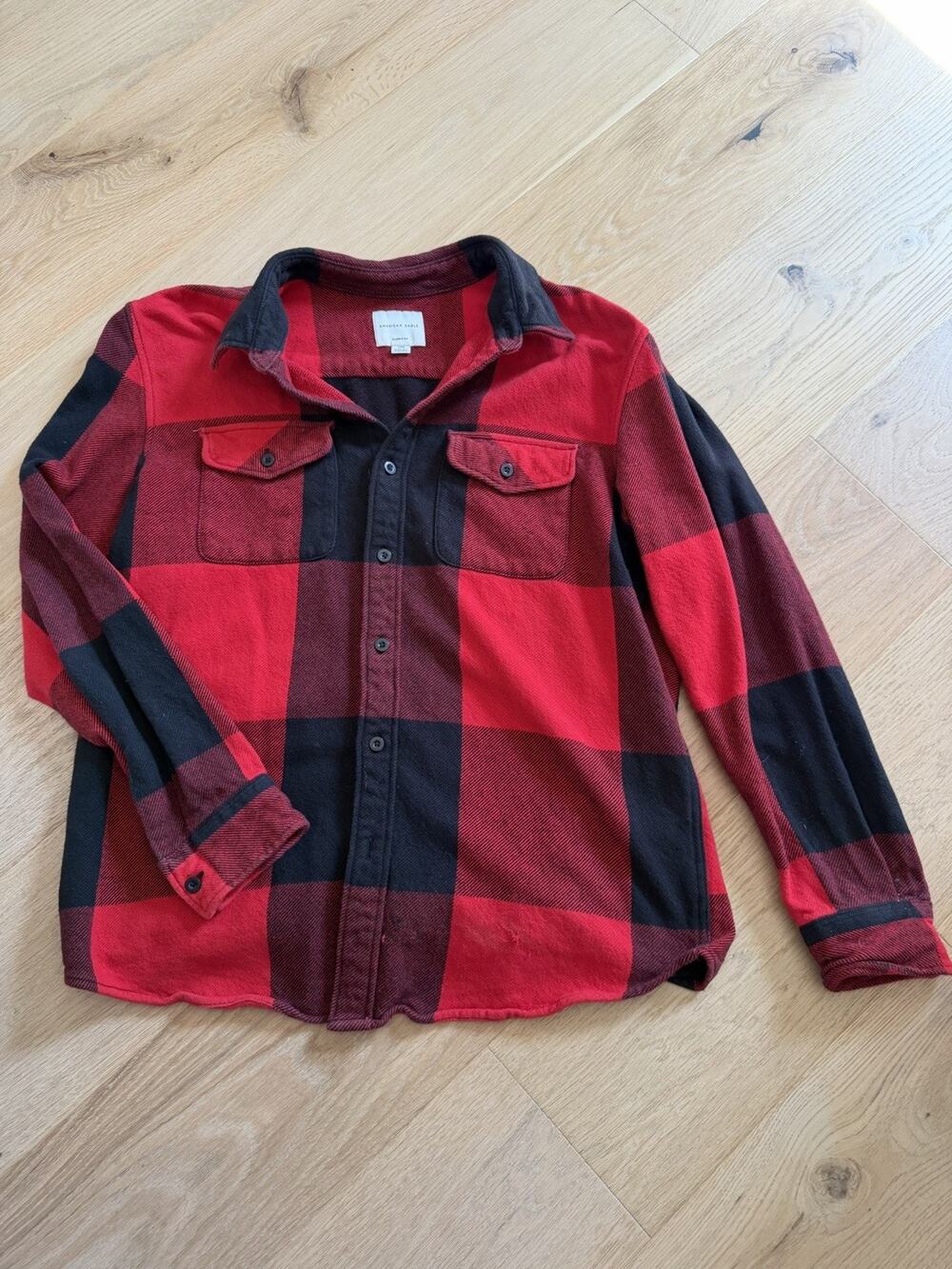 American Eagle Scotch Plaid Red Black Buffalo Long Sleeve Shirt Size Classic Fit